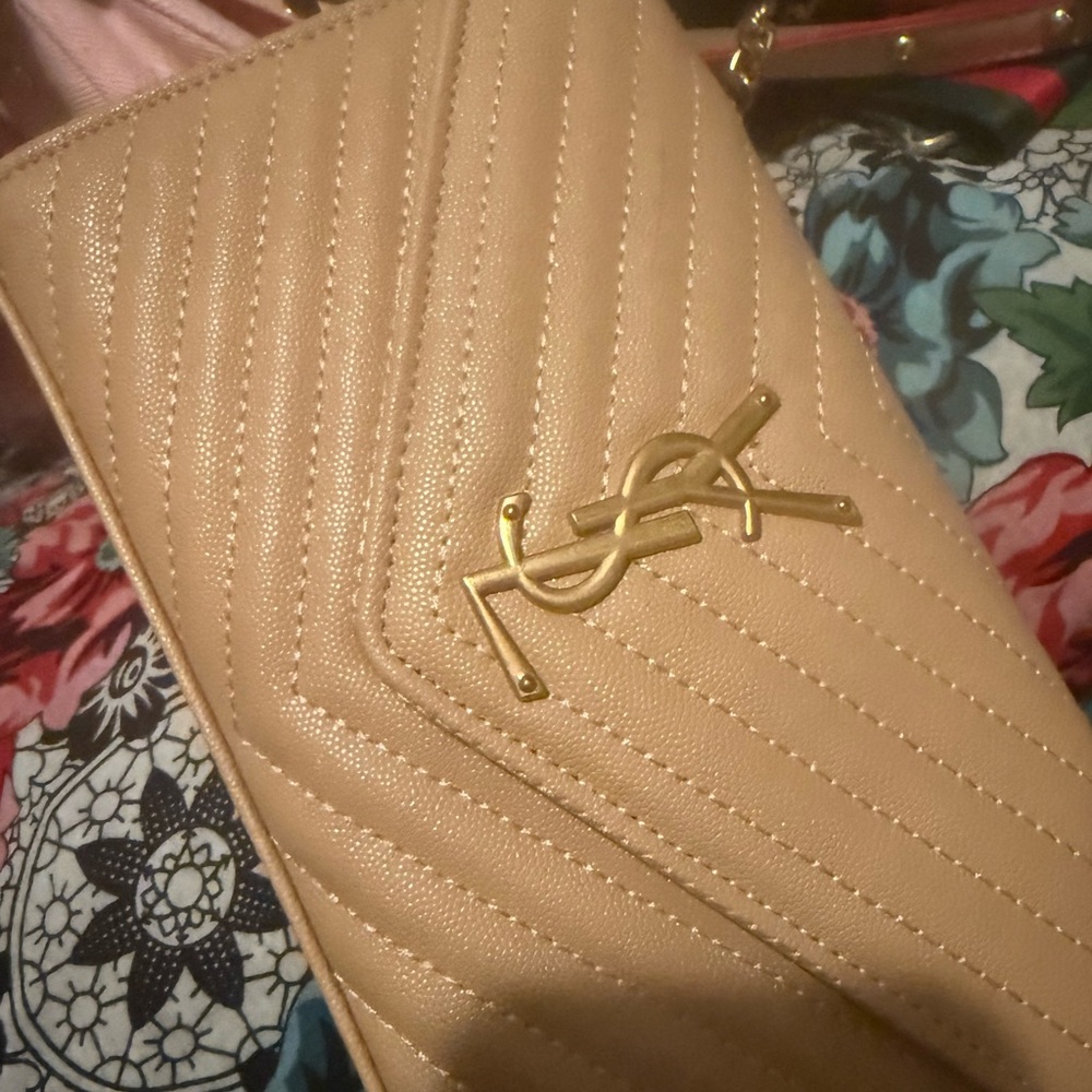 Like YSL Yves Saint Laurent Gold Logo Beige Clutch with gold chain